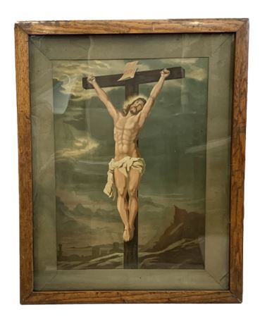 Large 31” Antique Catholic Crucifixion Religious Framed Lithograph