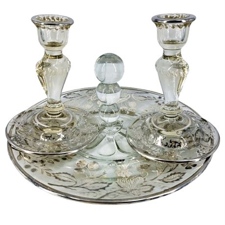 3pc Vintage Clear Glass Sterling Overlay Dish and Candleholder Lot