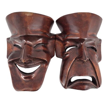 Pair of Carved Wood Happy Sad Comedy Tragedy Theater Masks