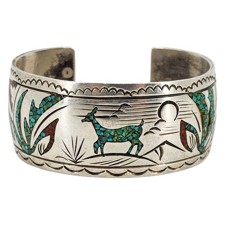 Vintage Native American Carved Sterling Silver Turquoise/Coral Cuff Bracelet