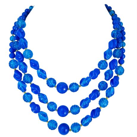 Vintage Triple Strand Blue Plastic Bead Necklace