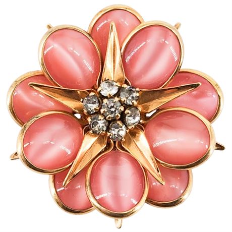 Signed Vintage Charles Reis Gold Filled Pink Cat's Eye Flower Brooch