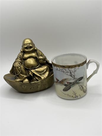 Joyous Buddha and Japanese fine bone China demitasse cup lot