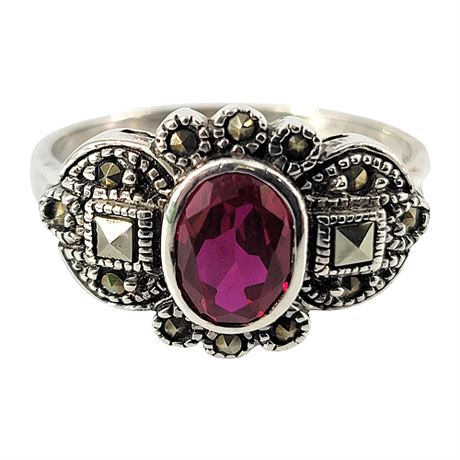 Sterling Silver Ruby & Marcasite Ring, Sz 10