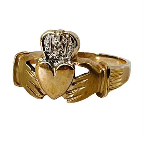 Mens 10K Gold Claddagh Ring with Small Diamond
