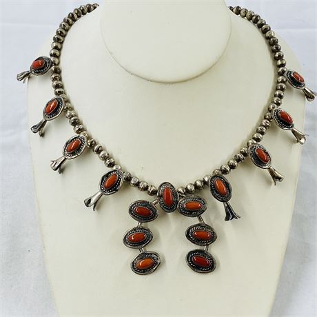 51g EARLY Navajo Sterling Coral Squash Blossom Necklace