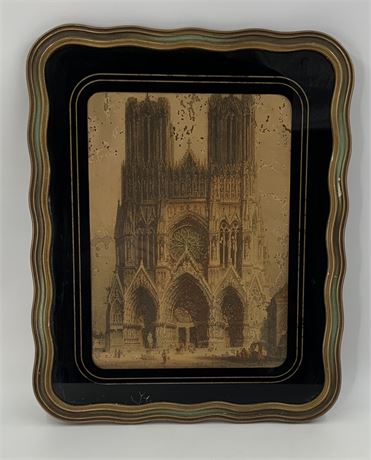 Early French Rheims Cathedral Framed Litho, Reverse Painted Frame