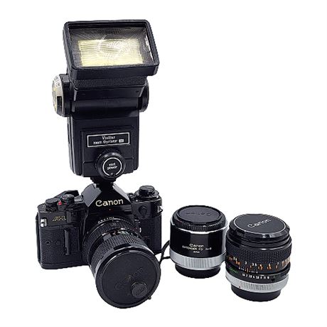 Vintage Canon A1 35mm SLR Film Camera, Lenses, Flash, Tripod