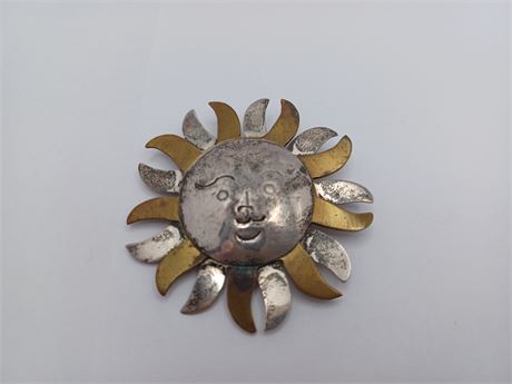 Sterling Silver Latoa Vintage Smiling Lion Sun Brooch Signed