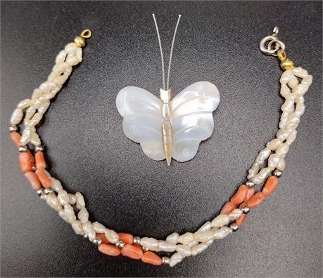 Mother of pearl butterfly brooch faux pearl bracelet 7 in
