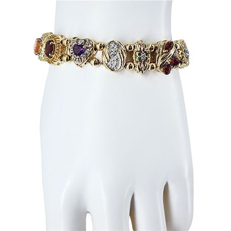 Vintage Signed Richard Klein 14k Gold Multi-Gemstone Slide Charm Bracelet