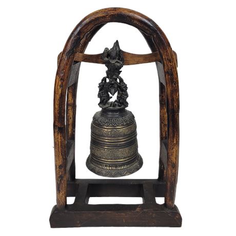 Early 20th c. Burmese Cast Bronze Temple Bell on Wood Stand