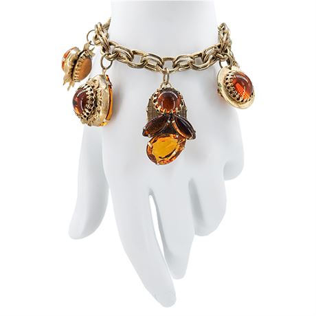 Vtg Hollywood Regency Chunky Double-Sided Rhinestone Charm Bracelet