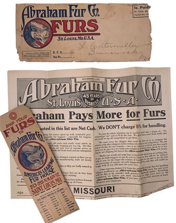 1921 Abraham Fur Co. Antique Paper Ephemera Lot