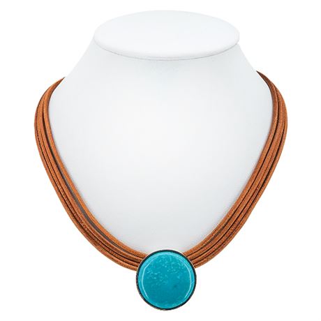 Signed LAUREN RALPH LAUREN Tan Leather & Aqua Stone Necklace