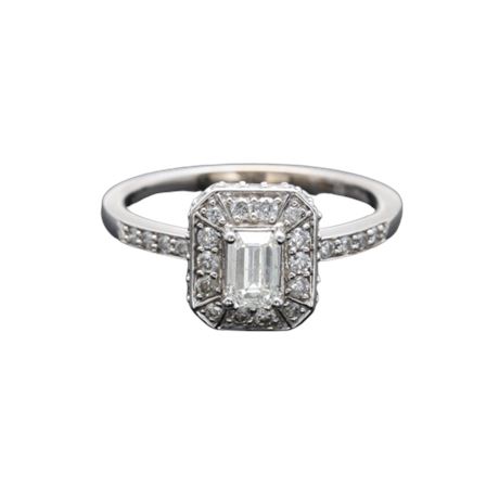 14K White Gold Diamond Ring with Emerald-Cut Center Stone ~  Sz 6.5