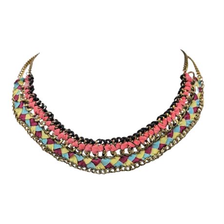 Gold Tone Chain and Colorful Cloth Necklace