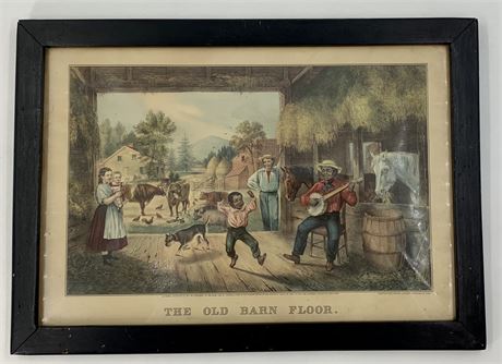 Vintage Currier & Ives Reprint of The Old Barn Floor Black Americana Lithograph