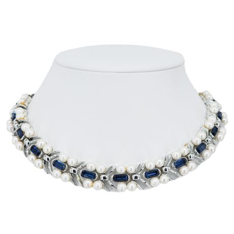 Vintage LISNER Faux Pearl & Blue Rhinestone Baguette Necklace