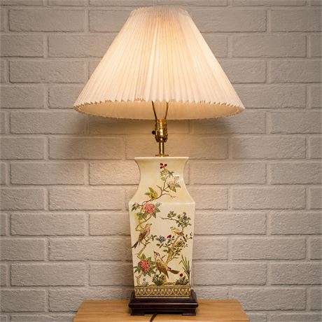 Vintage Chinoiserie Style Bird & Floral Ceramic Table Lamp w/ Pleated Shade
