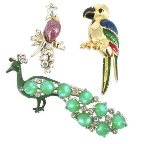 Vintage Enamel & Rhinestone Bird Brooch Trio– Mid-Century Parrots & Peacock Pins