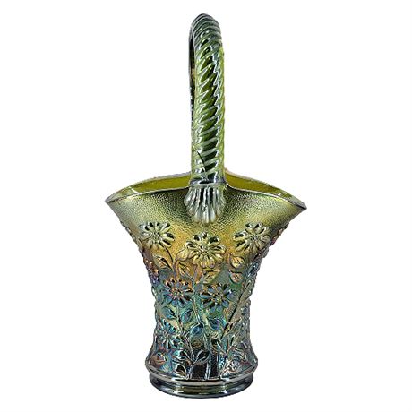 Imperial 'Helios Green Daisies' Carnival Glass Basket