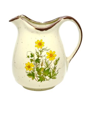 Vtg Takahashi Speckled Stonewear Pitcher w/Yellow Daisies