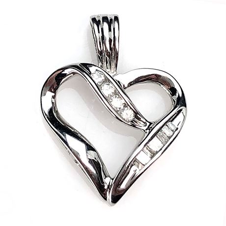 10k White Gold Baguette & Round Channel Set Diamond Heart Pendant