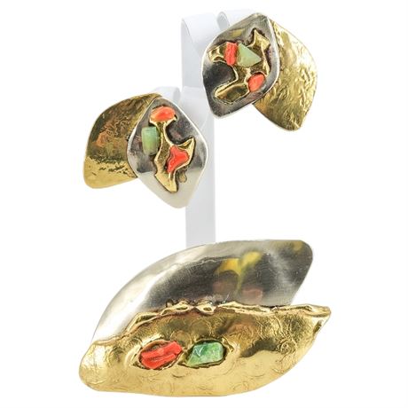 Vintage Artisan Made Two-Tone Brooch & Pierced Earrings Set