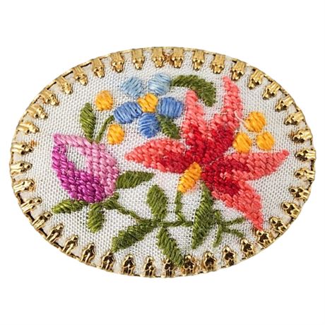 Vintage Hand-Embroidered Flowers Brooch