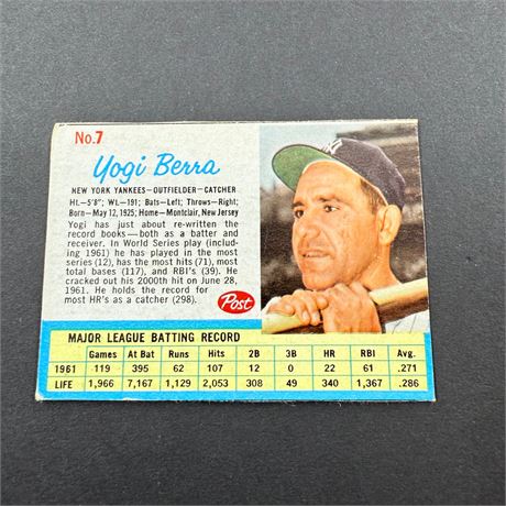 1962 Post Hand Cut Yogi Berra #7