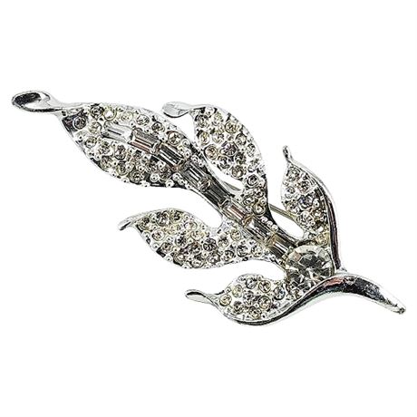 Vintage Silver Tone Rhinestone Leaf Brooch