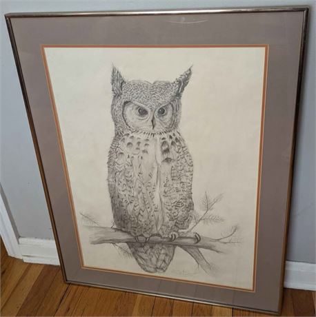 Very Large Original Hand Drawn Framed Matted Owl Picture Signed