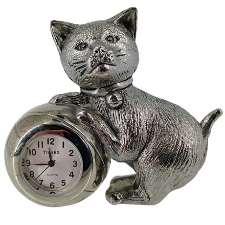 Vintage Timex Cat Desk Clock – Pewter Figural Quartz Clock