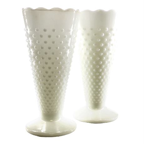 Anchor Hocking 'Hobnail Milk Glass' 9 Inch Scalloped Flower Vases