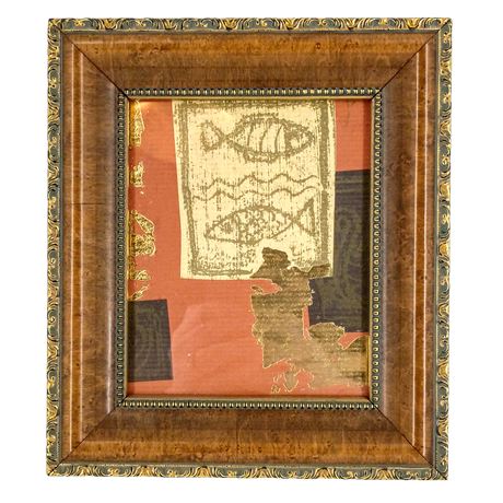 Framed Mixed Media Textile Art Fish Motif Wall Hanging with Gold Leaf Detailing