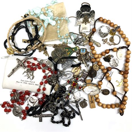 Vintage Jewelry Lot- Religious Lot My Saint My Hero Bracelets, Rosaries, Crosses