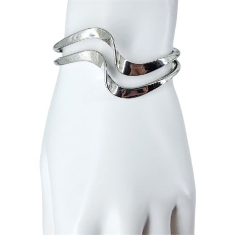 Vintage Silver Tone Modernist Double Wave Cuff Bracelet