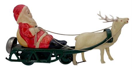 Occupied Japan Wind Up Tin Sleigh, Celluloid Santa & Reindeer Toy