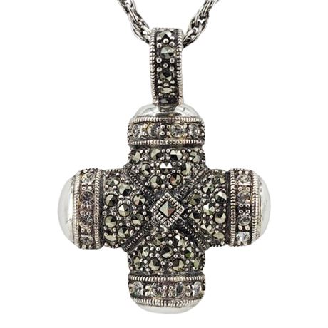 Vintage Sterling Silver Marcasite Cross Pendant Necklace
