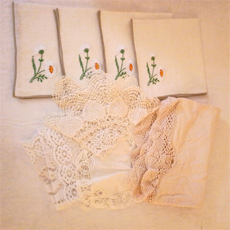 Basket Lot of Napkins, Tea Towels and Doilies