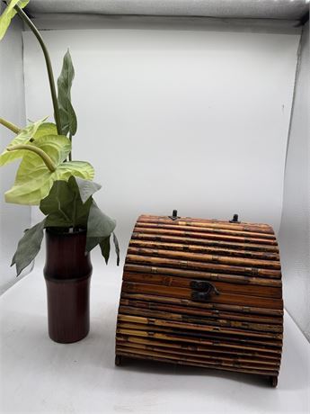Pencil Reed Bamboo Storage Box Brass Latch & Hinges & Bamboo Vase