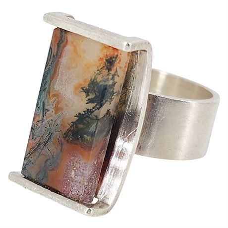 Vintage Elis Kauppi Finland Sterling Silver Moss Agate Modernist Ring, Sz 6