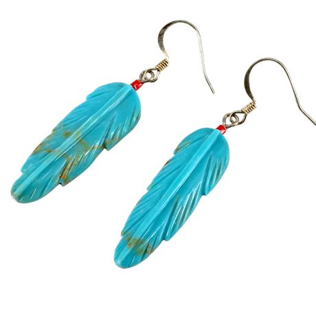 Turquoise-Color Carved Feather Dangle Earrings