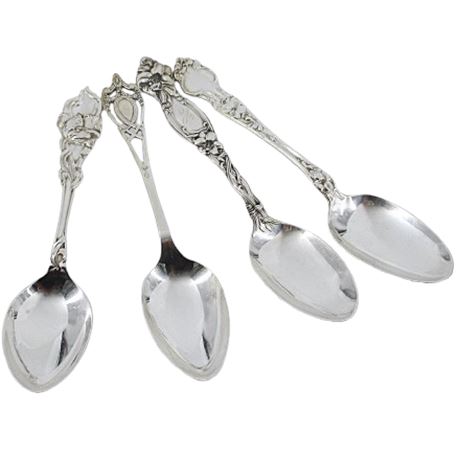 Assorted Lot of 4 Vintage Sterling Silver Ornate Handle Teaspoons