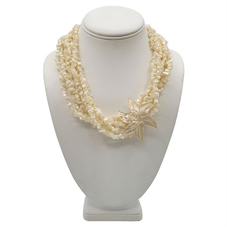 Vintage Tropical Flower Multi-Strand Shell Bead Statement Necklace