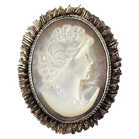 Vintage 800 Silver Carved Abalone High Relief Cameo Brooch/Pendant