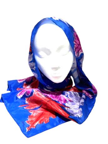 Vtg Vera Neumann Silk Scarf, Blue w/Orange, Purple & Red Leaves