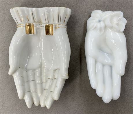 2 Mid Century Feminine Hand Milk Glass & Porcelain Dresser Bowl, Trinket Tray
