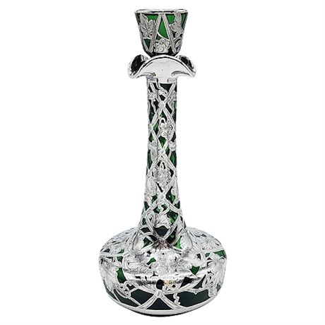 Vintage Art Nouveau Silver Over Emerald Green Glass Hand Etched Decanter